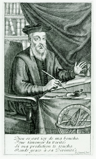 Michel de Nostredame (Nostradamus) (1503-66) Kirjoittaa profetioitaan, kaiverrettu Jean Sauve (fl.1660-91) tekijältä Jean Boulanger